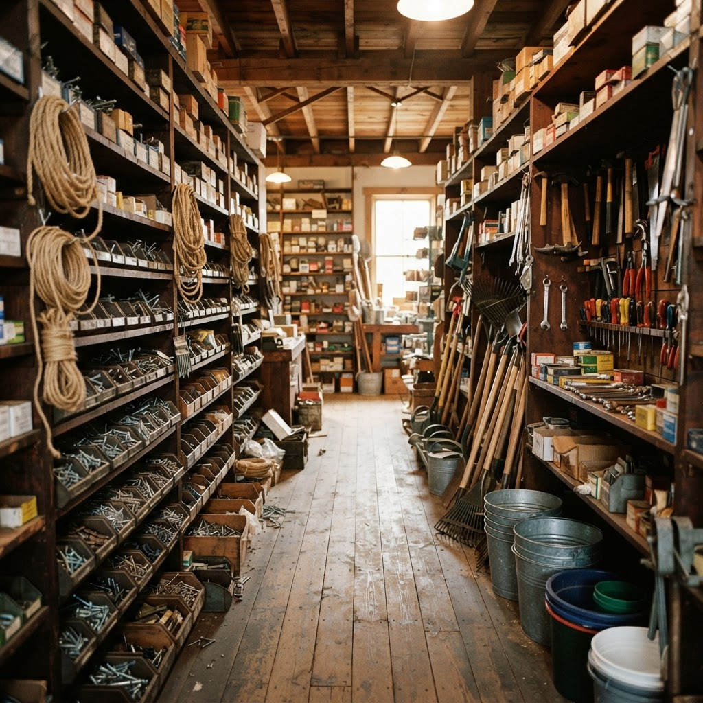 Timber-shelved hardware store aisle stocked with hand tools, fasteners and garden tools