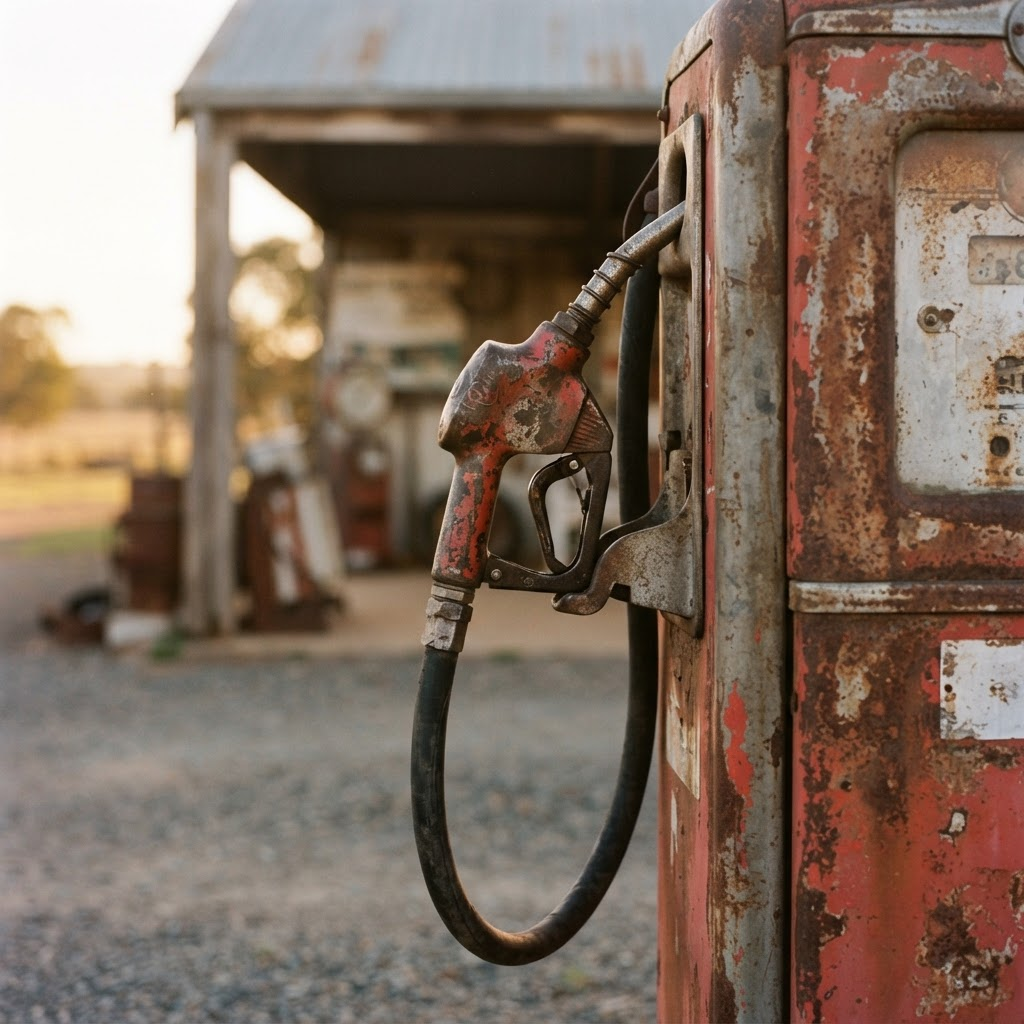 Close-up of a fuel bowser nozzle and pump at a country service station